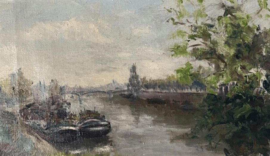 Antique Painting Original Landscape, Cityview, Boats, Bridge, River, Trees image 1