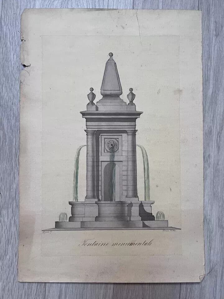 19th century Original Antique Drawing Fountain, Plans image 7