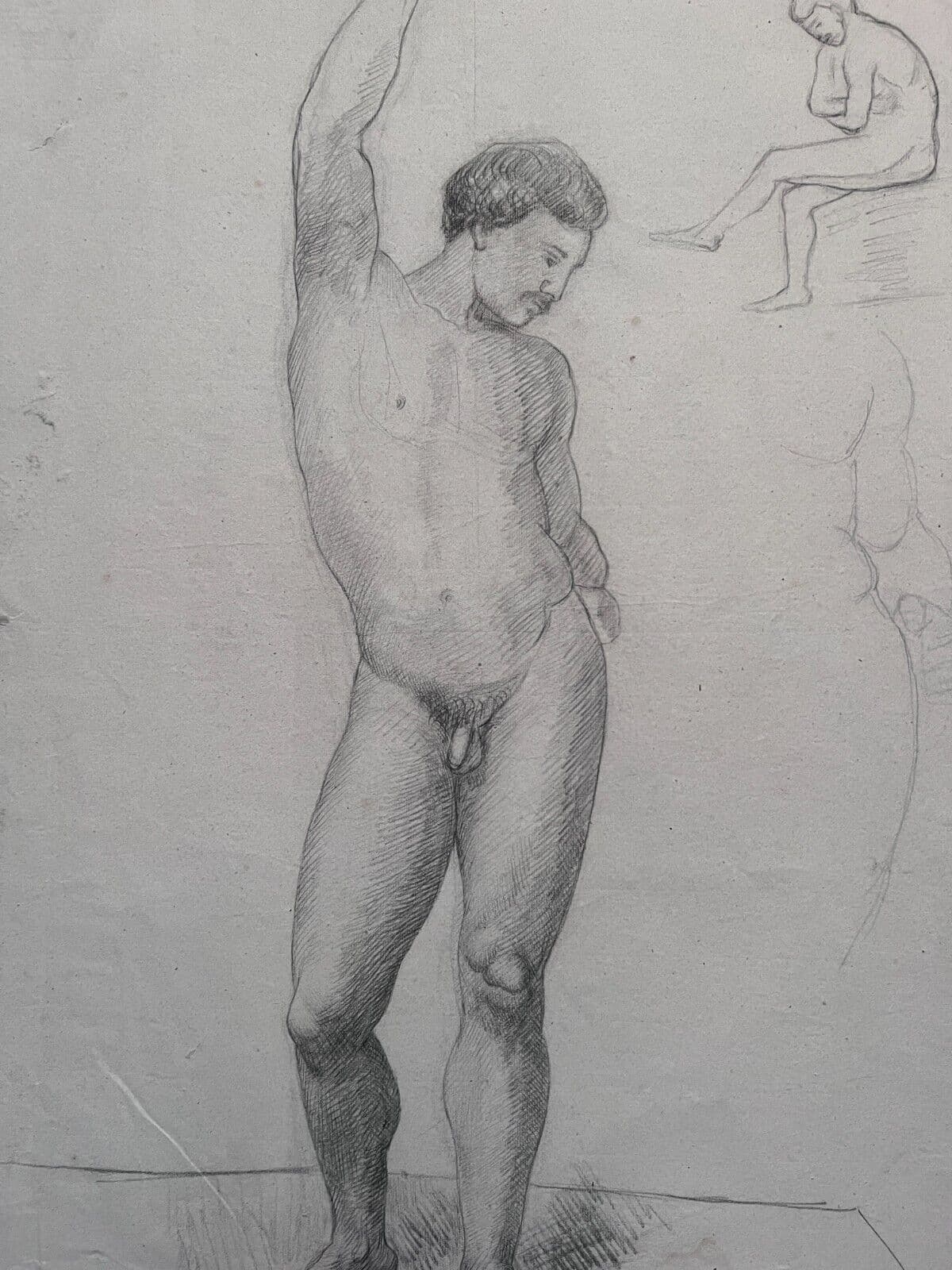 Antique Drawing Charcoal Nude Man Portrait 19th century c 1864 image 6