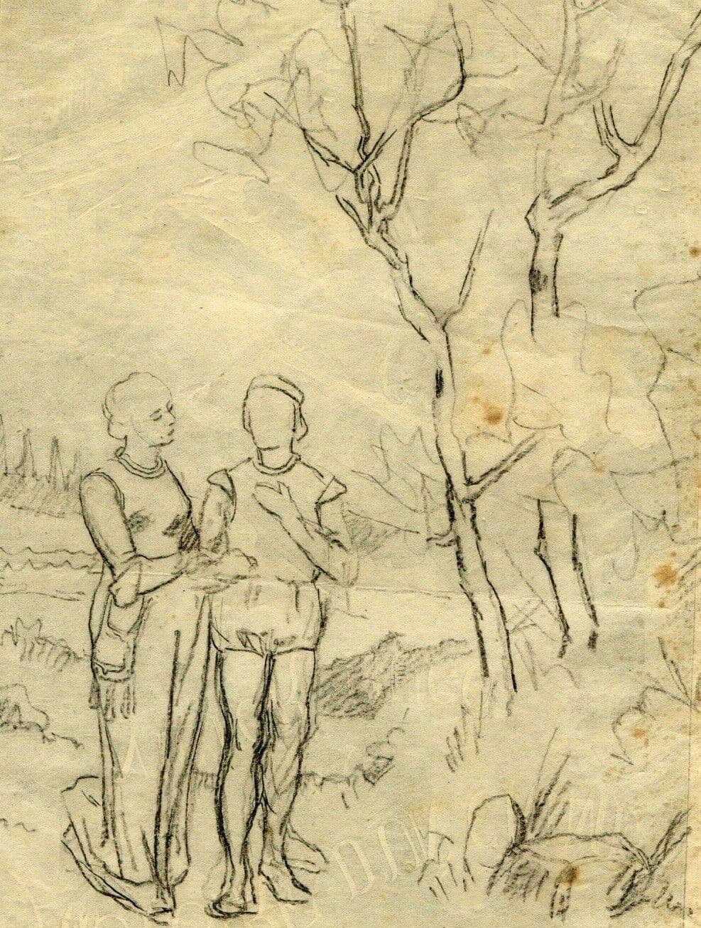 Antique Pencil Drawing Vintage Pre Raphaelite Figures, Dikeos Collection image 1
