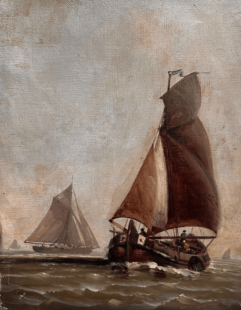 Antique Painting Original Landscape, Seaview, Boats, Seascape People signed