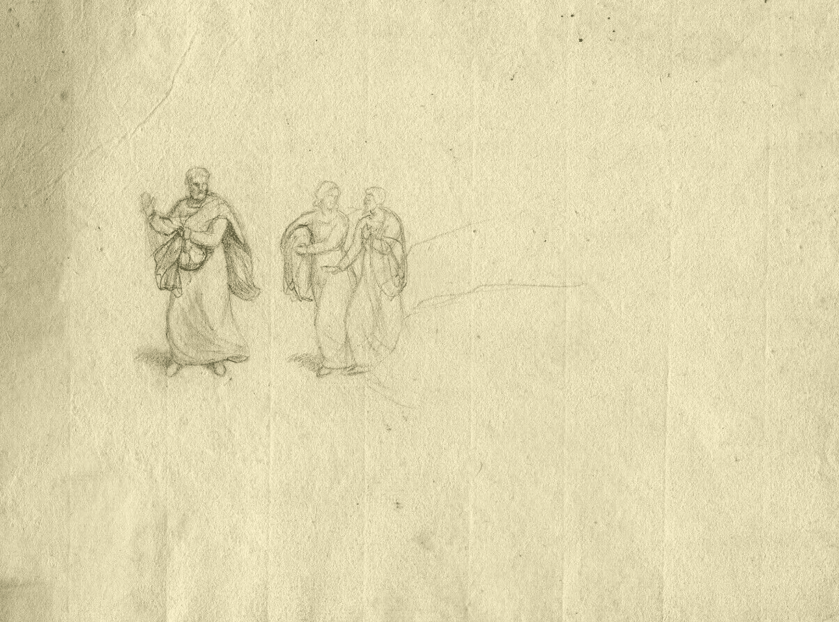 Vintage Pencil Drawing Original Allegorical Antiquite People, Men image 4