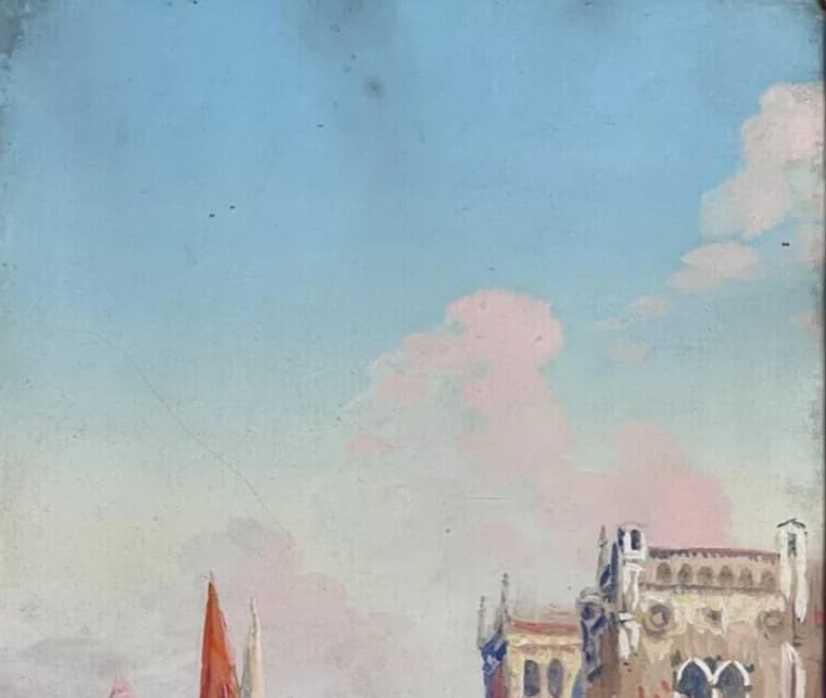 Antique Oil Painting Venice Cityview Landscape Building, Canal, Boat Framed image 2