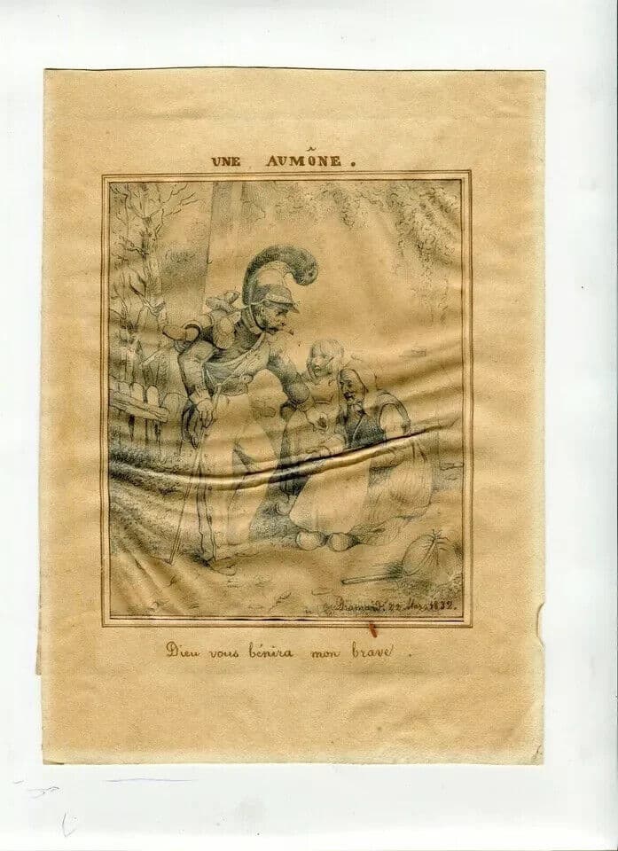Antique Pencil Drawing 19th century Figures, Alms, Military 1832 image 5