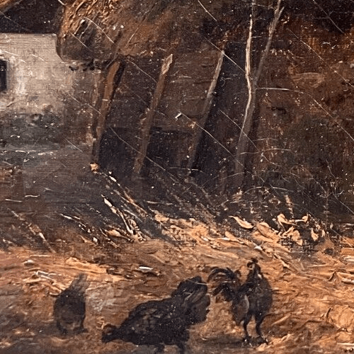 Antique Painting Original Landscape, Farm, Chicken, Man, House 19th century image 3