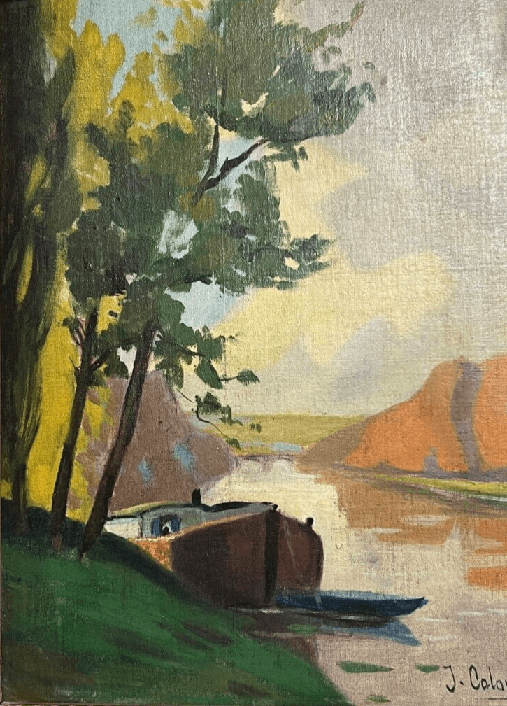 Vintage Oil Painting Maritime Landscape, Seaview, Boat, Tree signed image 1