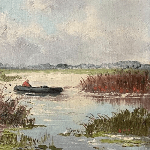 Antique Oil Painting signed Lake River Landscape Man on Boat image 2