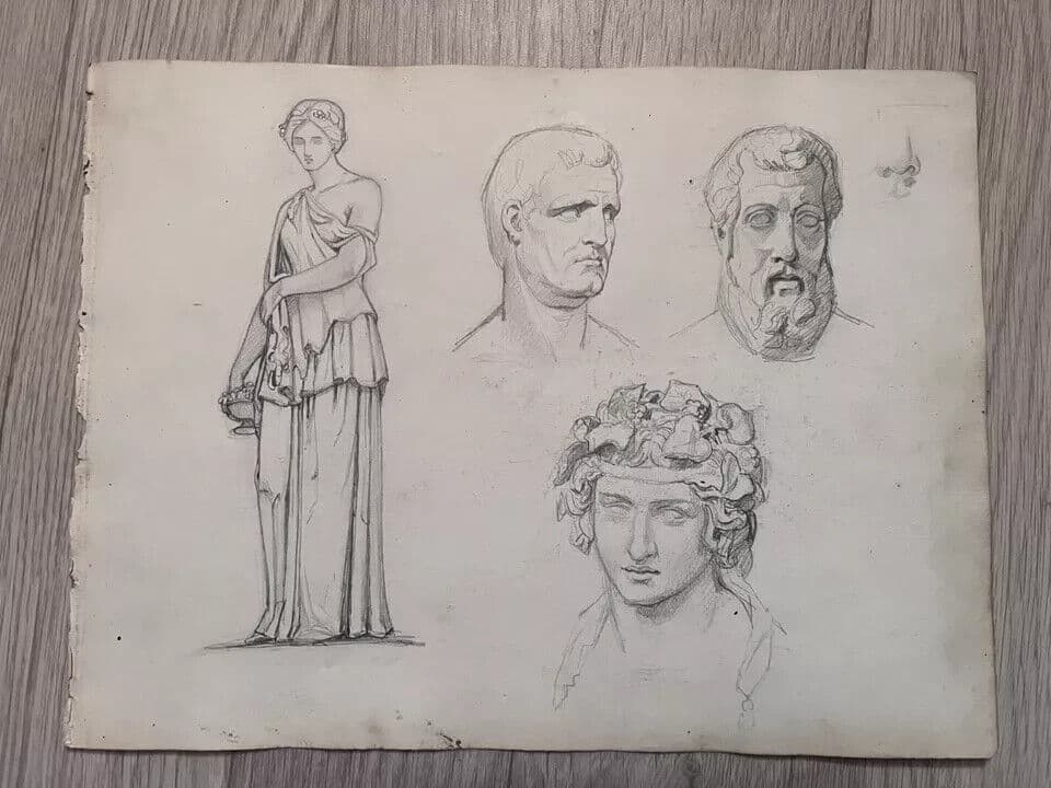 Antique Original Drawing 19th century People Portraits image 6