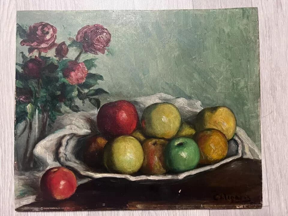 Antique Oil Old Original Painting Apples and Flowers Bouquet, Still Life image 2