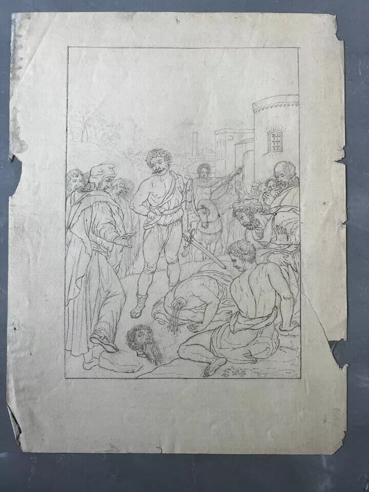 19th century Original Antique Pencil Drawing Historical Scene, Murder Artwork image 7