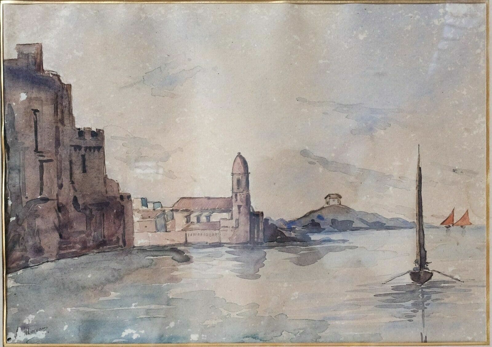 Antique Original Painting, Boat, Cityview, Port, Maritime, Seascape image 1