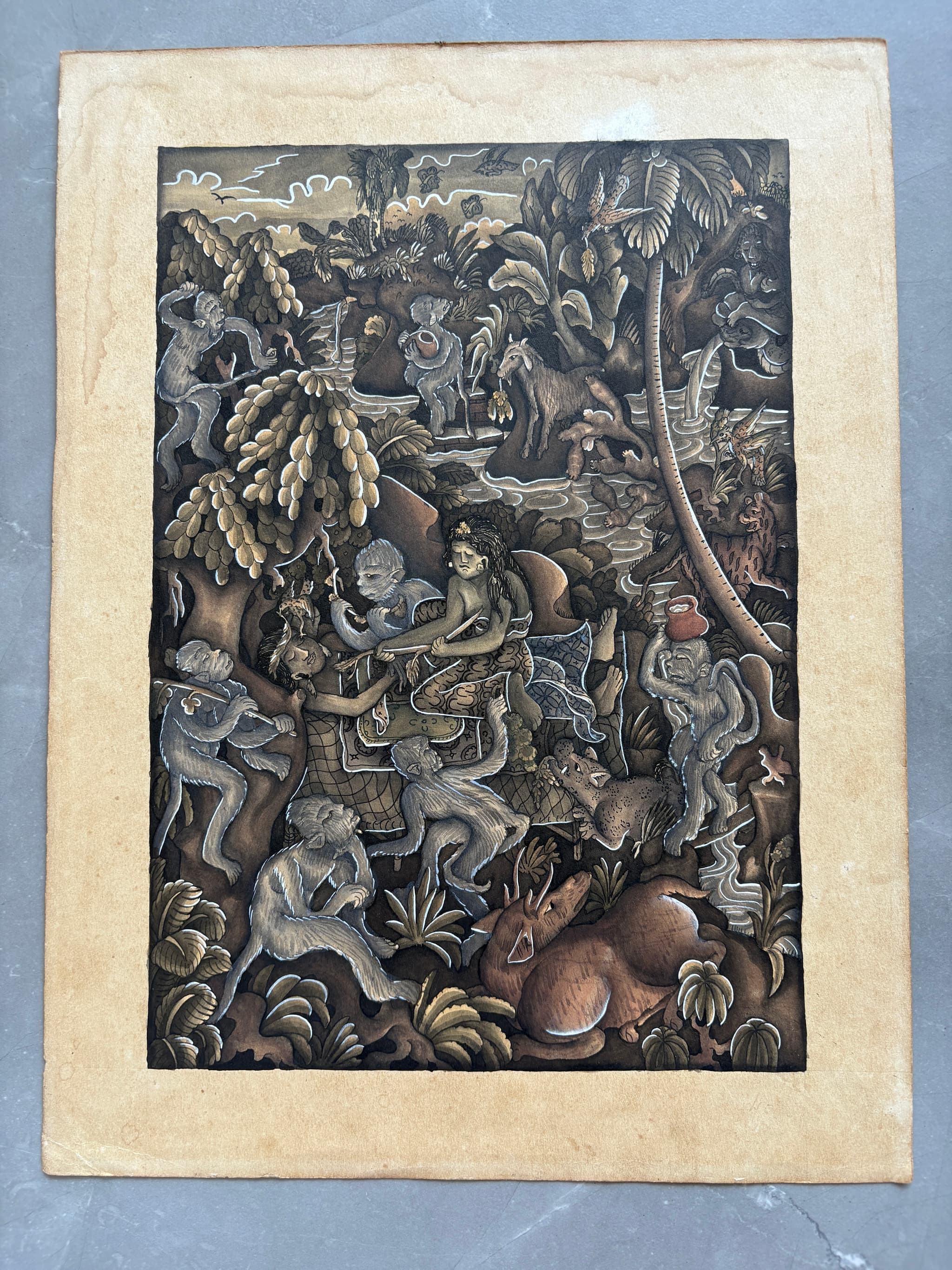 Vintage Oil Original Painting Indonesian Life, Landscape, People, Monkeys image 6
