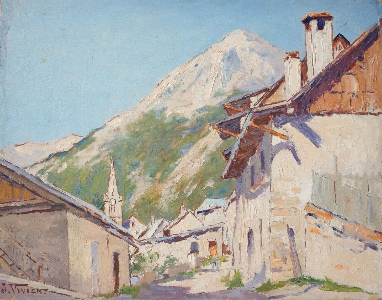 Antique Original Painting Mountain Landscape, Town, Buildings image 1