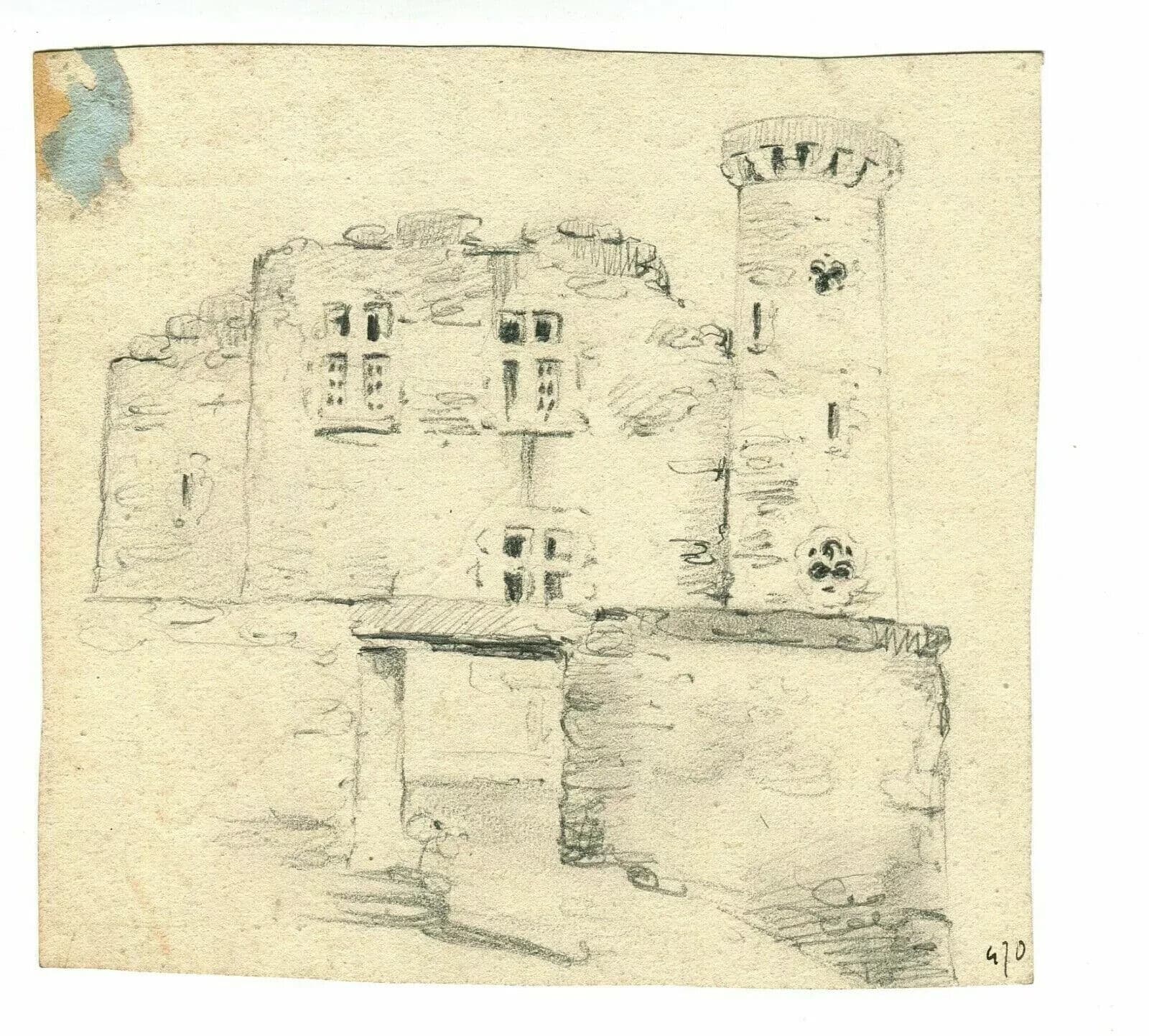 Antique Pencil Drawing Original 19th century Landscape, Architecture, Castle