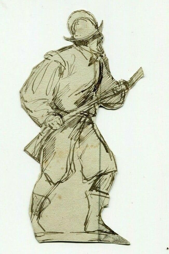 Antique Ink Original Drawing Military Man with Riffle, War image 1