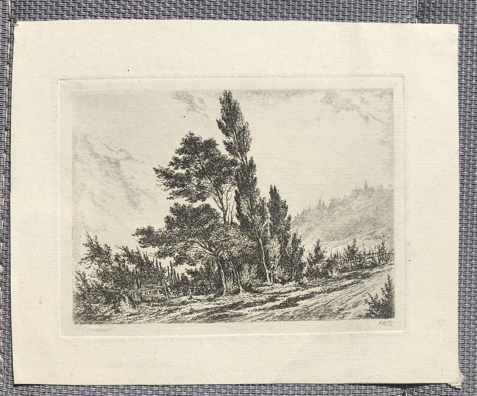 Antique Etching Original Landscape, Trees, Nature, Path 19th century 1852 image 6