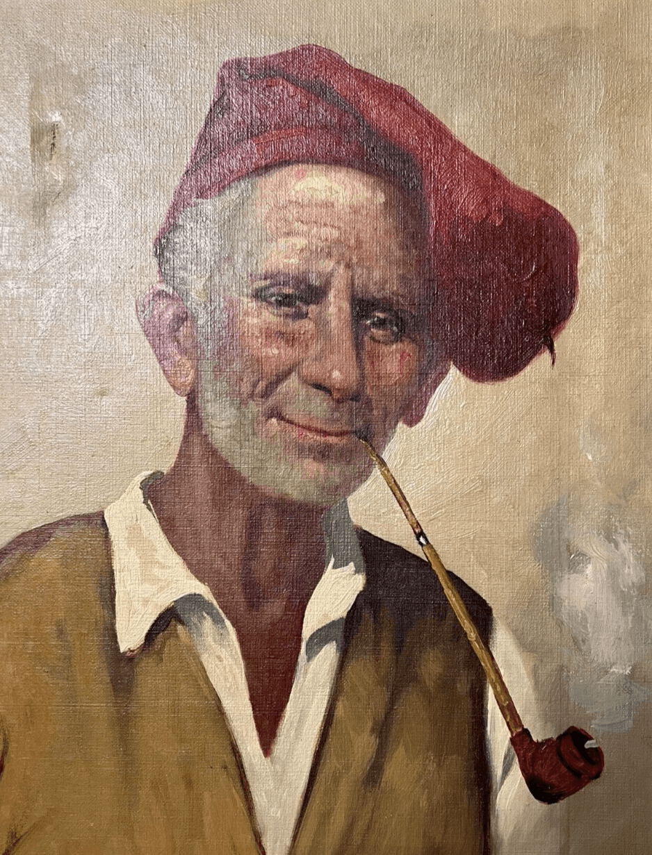 Antique Original Painting canvas signed Man Portrait with Pipe image 1