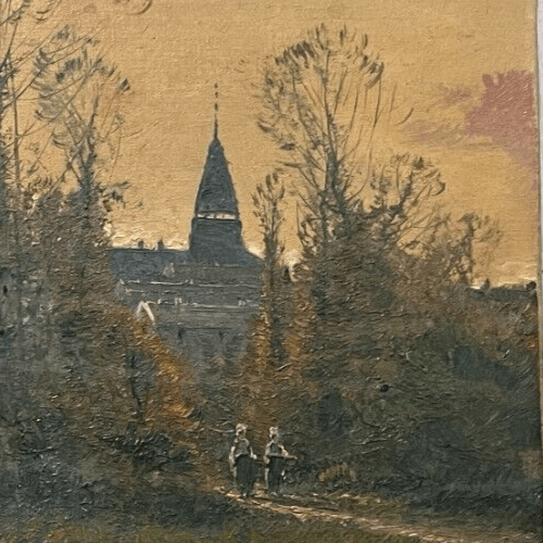 Antique Painting Original Landscape, Sunset, Lake, Forest, Trees, People signed image 2