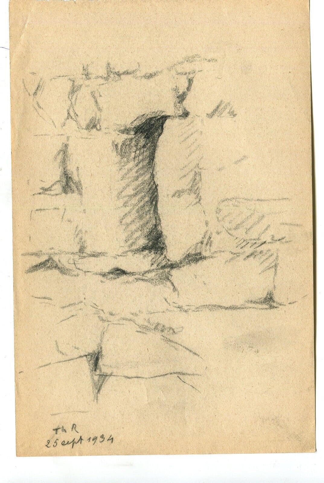 Vintage Pencil Drawing Original Vegetation, Landscape, Ruins 1934 image 6