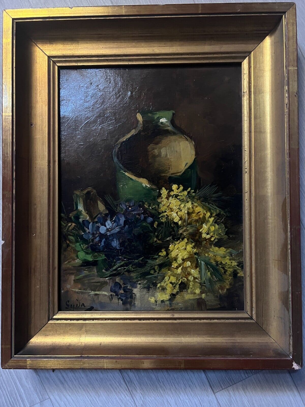 Antique Painting Original Still Life, Flowers, Pichet, signed 19th century image 6