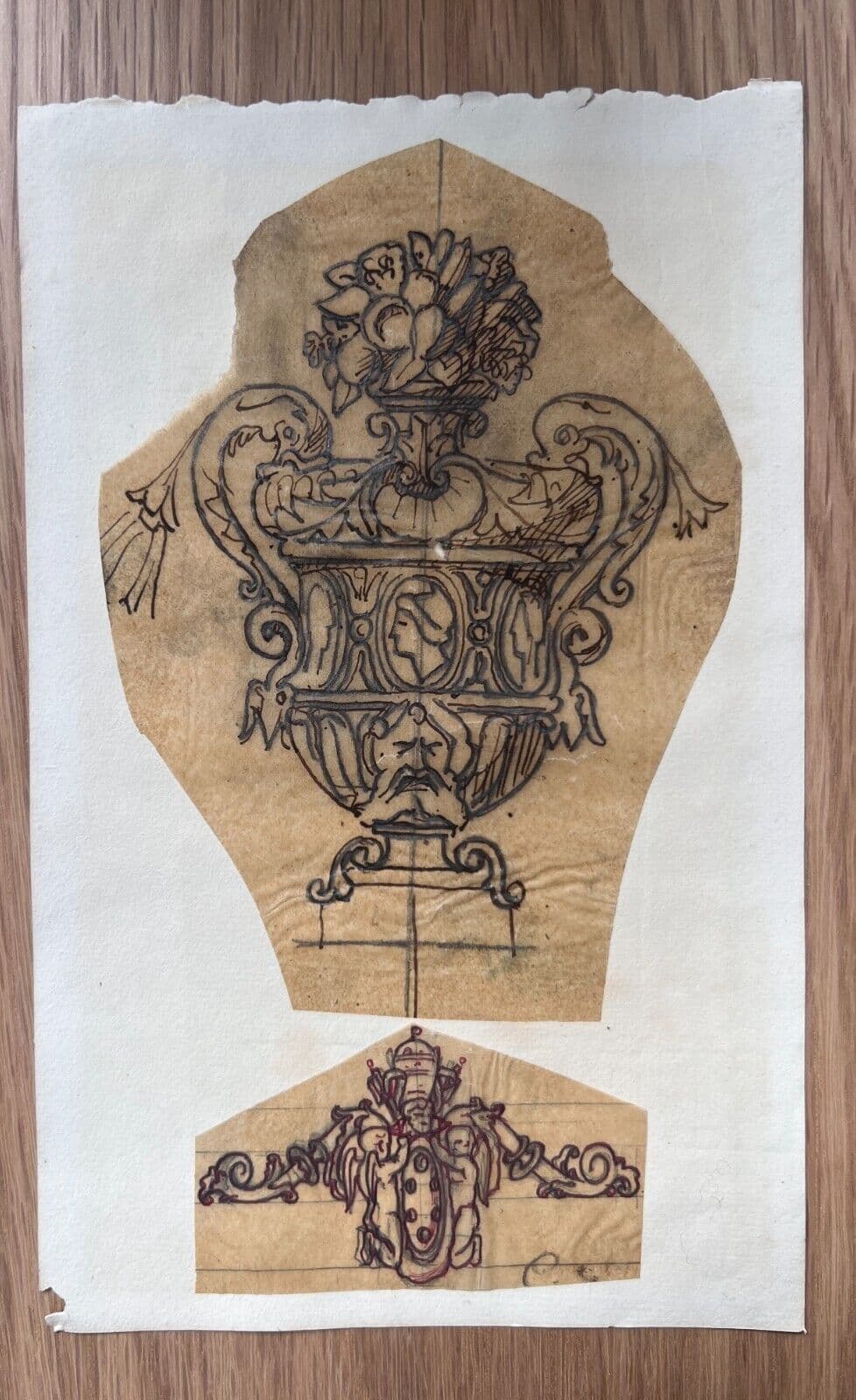 Antique Original Drawing Architecture, Vase, Decoration, Floral 19th century image 6
