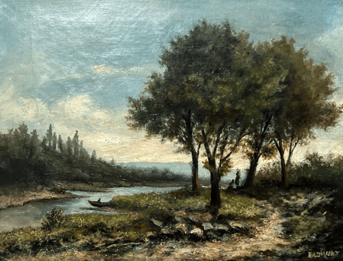 Antique Original Painting Landscape Trees, River, Forest, Fisherman signed image 1