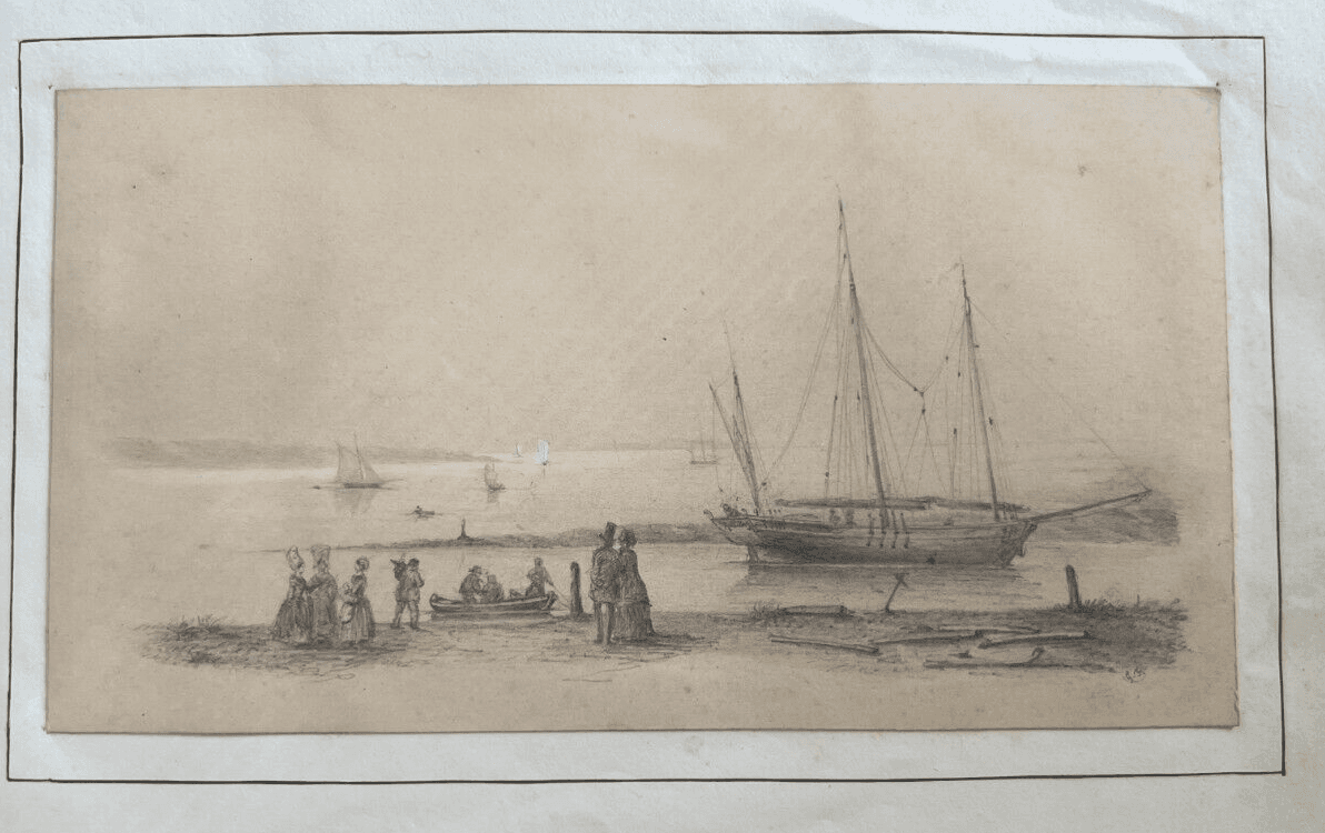 Antique Pencil Drawing 19th century Seaview Landscape with Boat and Figures image 4