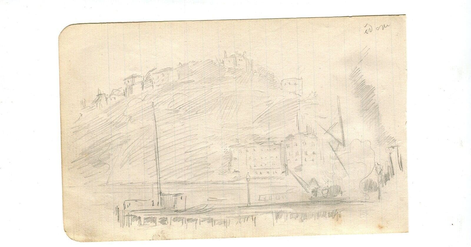 Vintage Pencil Drawing Original Boat, Village, Landscape Artwork image 4