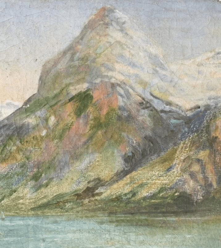 Antique Original Painting signed Mountain Landscape, Lake and Boat image 4