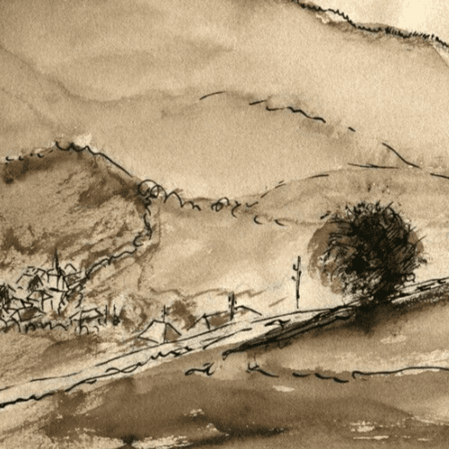 Vintage Ink Original Drawing Mountain landscape with Trees image 6