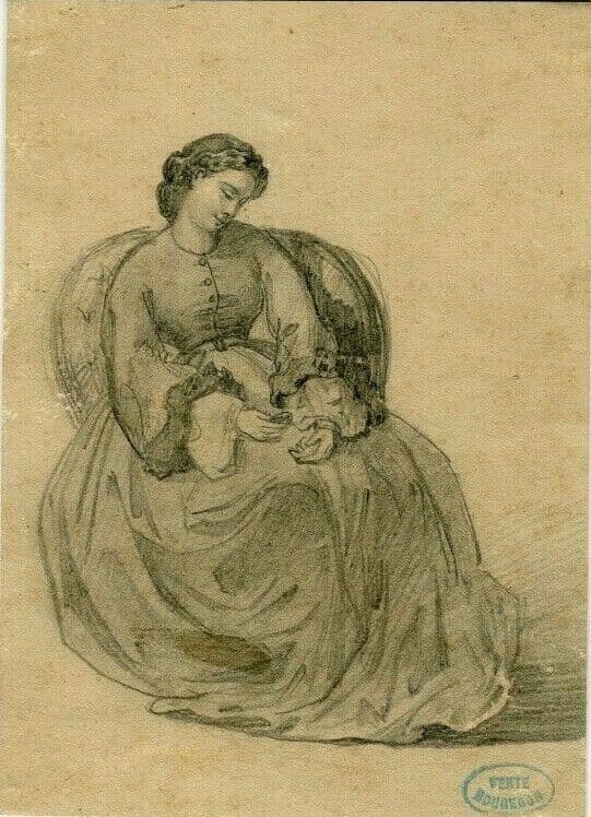 ROUGERON 19th century Woman Portrait Drawing image 1