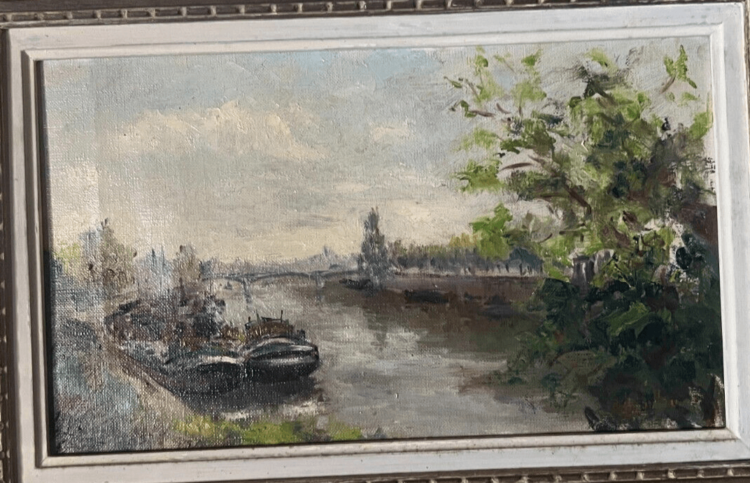 Antique Painting Original Landscape, Cityview, Boats, Bridge, River, Trees image 2