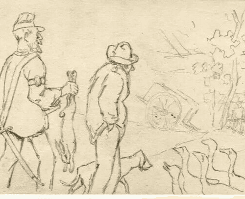 Vintage Original Pencil Drawing Men Hutting, People, Ducks, Rabbit Artwork image 5