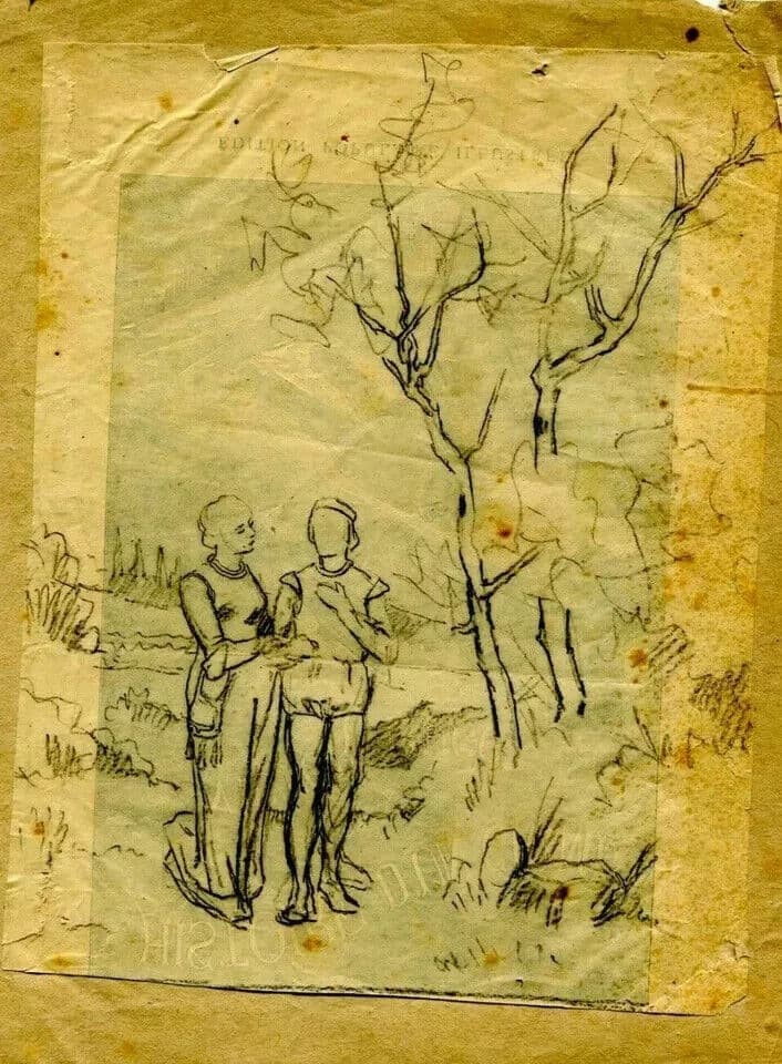 Antique Pencil Drawing Vintage Pre Raphaelite Figures, Dikeos Collection image 6