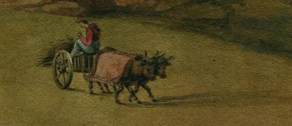 Antique Drawing 19th century Original Farmer with Beefs image 5
