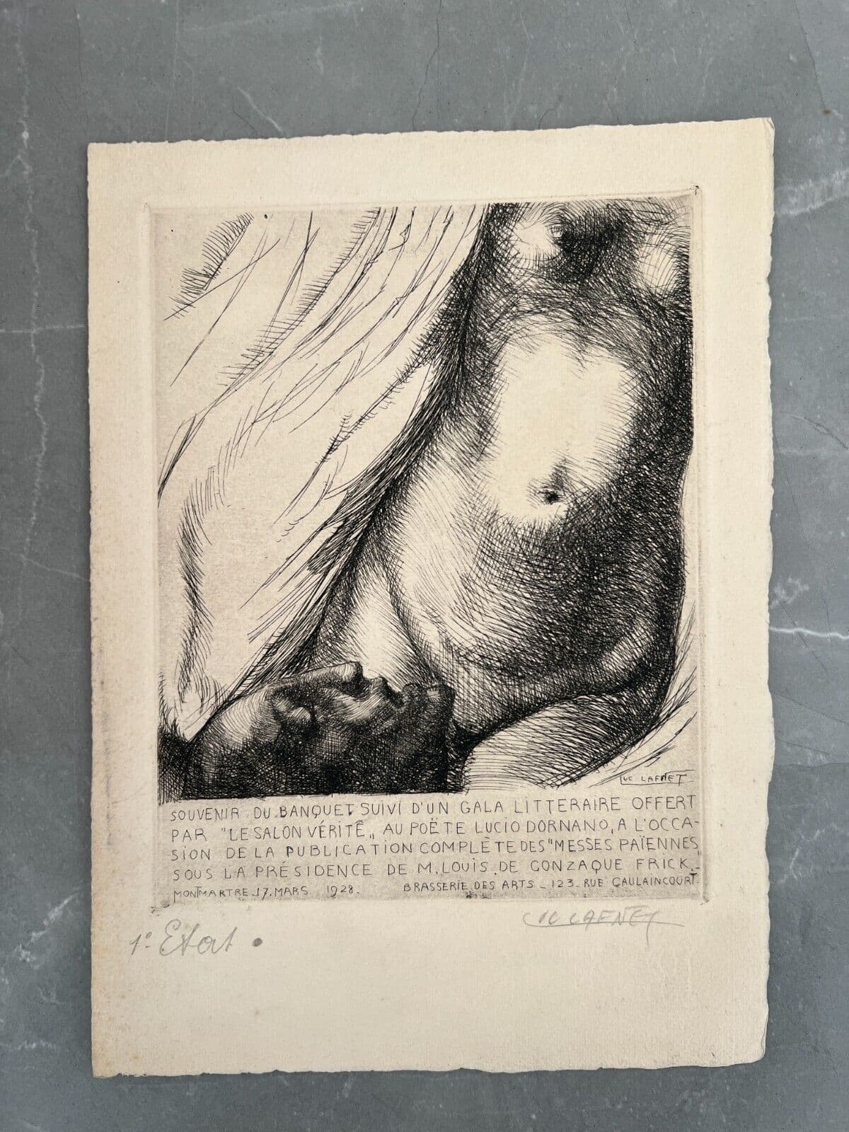 Antique Etching Original Luc LAFNET (1899-1939) Nude, Gala, Rare image 7
