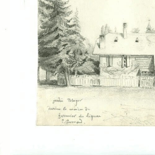 Antique Original Pencil Drawing Landscape Farmer's Garden of Lignon Artwork image 4