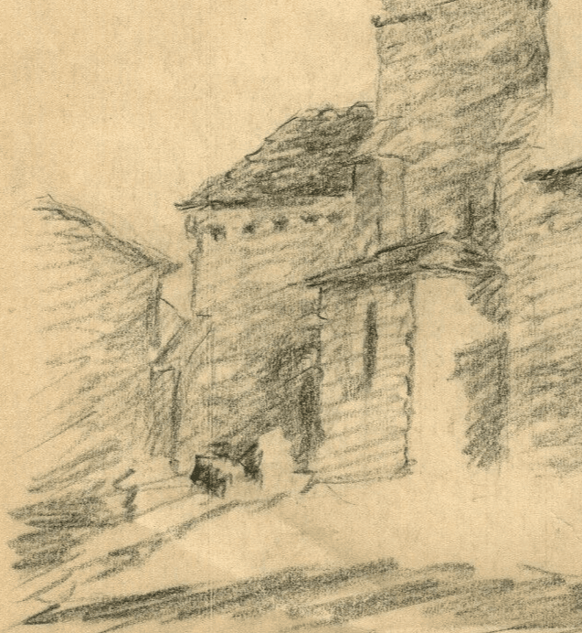 Vintage Pencil Signed Drawing Church, Monastery, Landscape, Architecture 1933 image 2