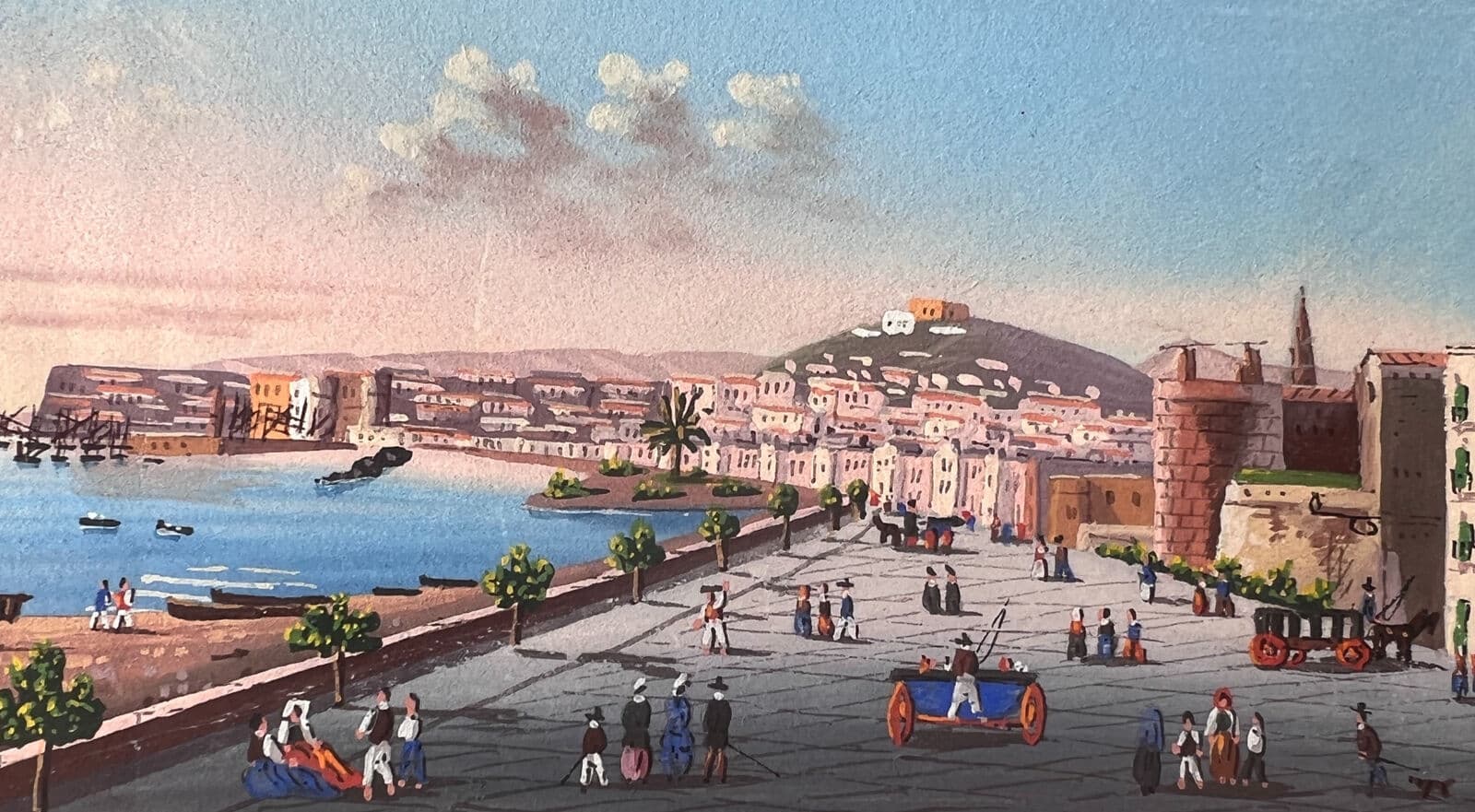 Antique Original Drawing Italian, Napoli Landscape Cityview image 1