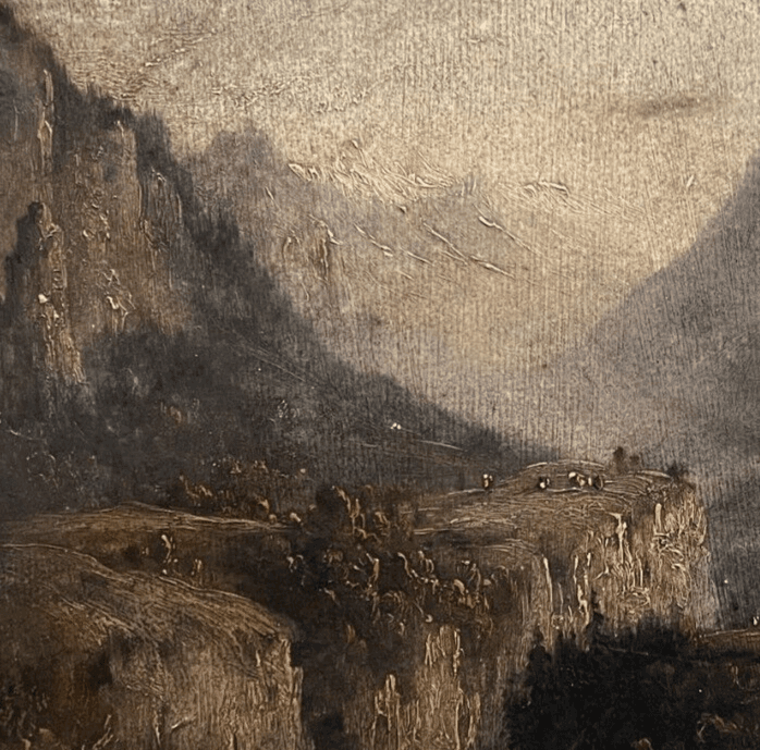 Antique Original Painting Landscape, Mountain, People, Alps 19th century image 6