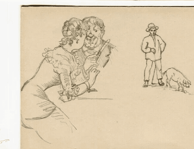 Vintage Pencil Original Drawing Couple Portrait, Man with Pig image 4