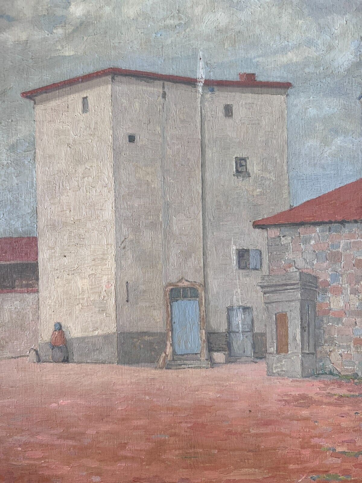 Antique Oil Original Painting City views Landscape, Houses and People image 1
