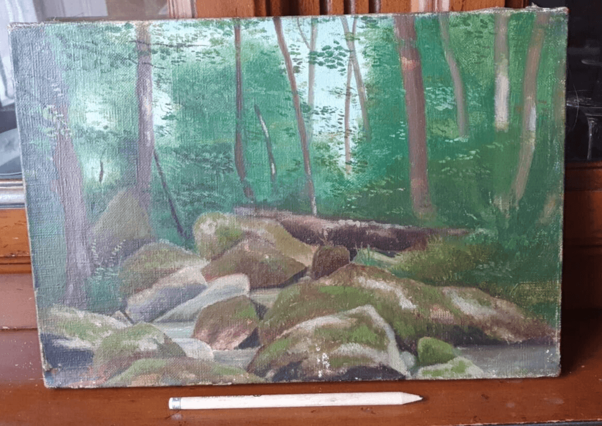 Antique Painting Original Landscape, Forest, Trees, Rocks signed image 2