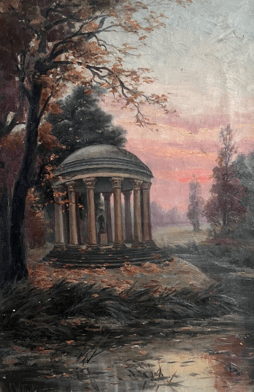 Antique Painting Original Landscape, Architecture, Sunset, Trees signed image 1