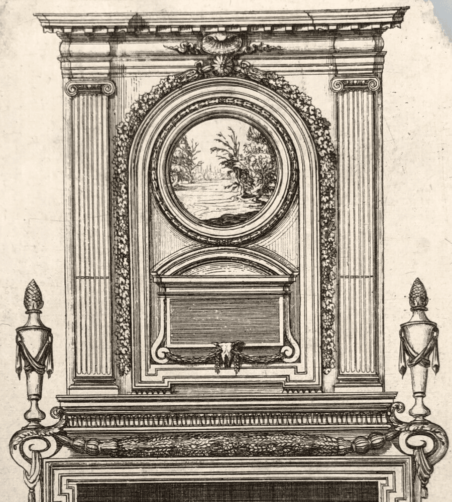 Etching Original Antique 17th century Architecture, Fireplace, Sculptures x4 image 7