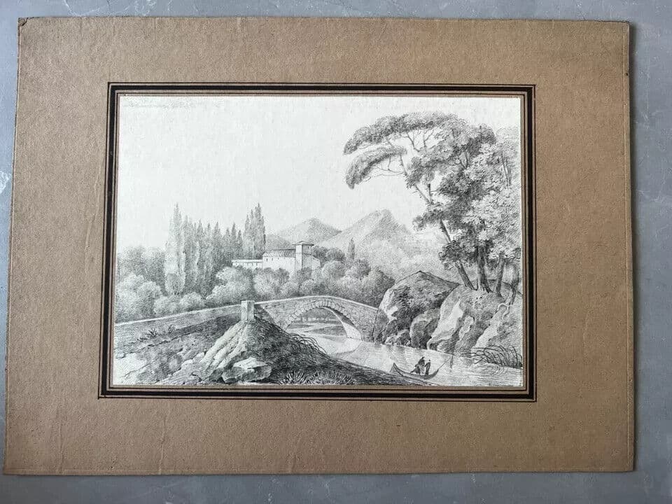 19th century Original Antique Pencil Drawing Landscape Village and Trees image 6