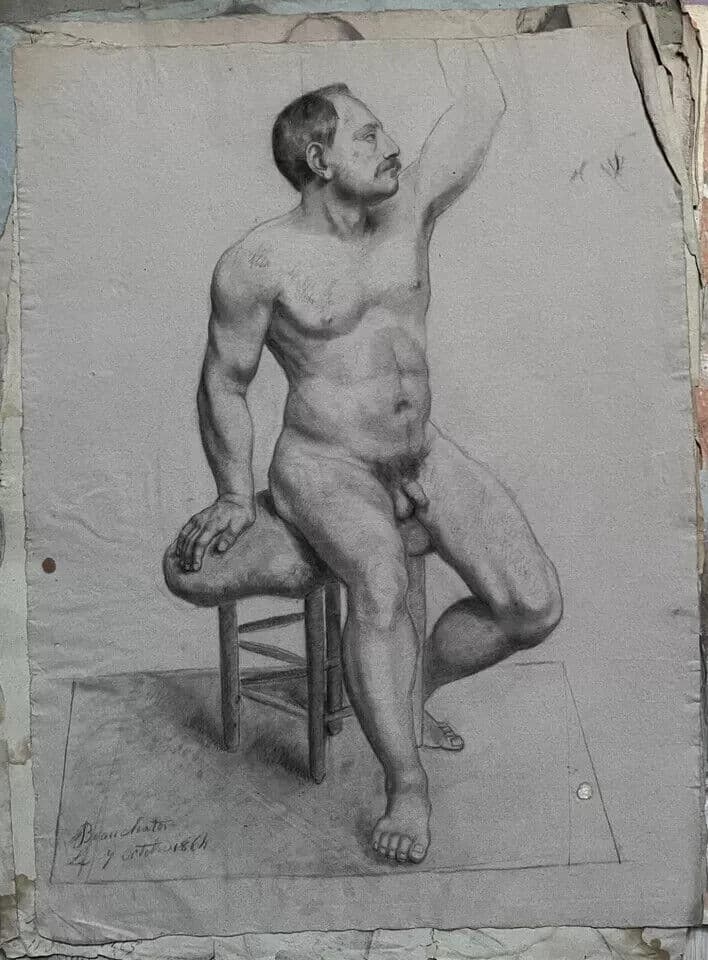 Antique Original Drawing Charcoal 19th century Nude Man Portrait 1864 image 3