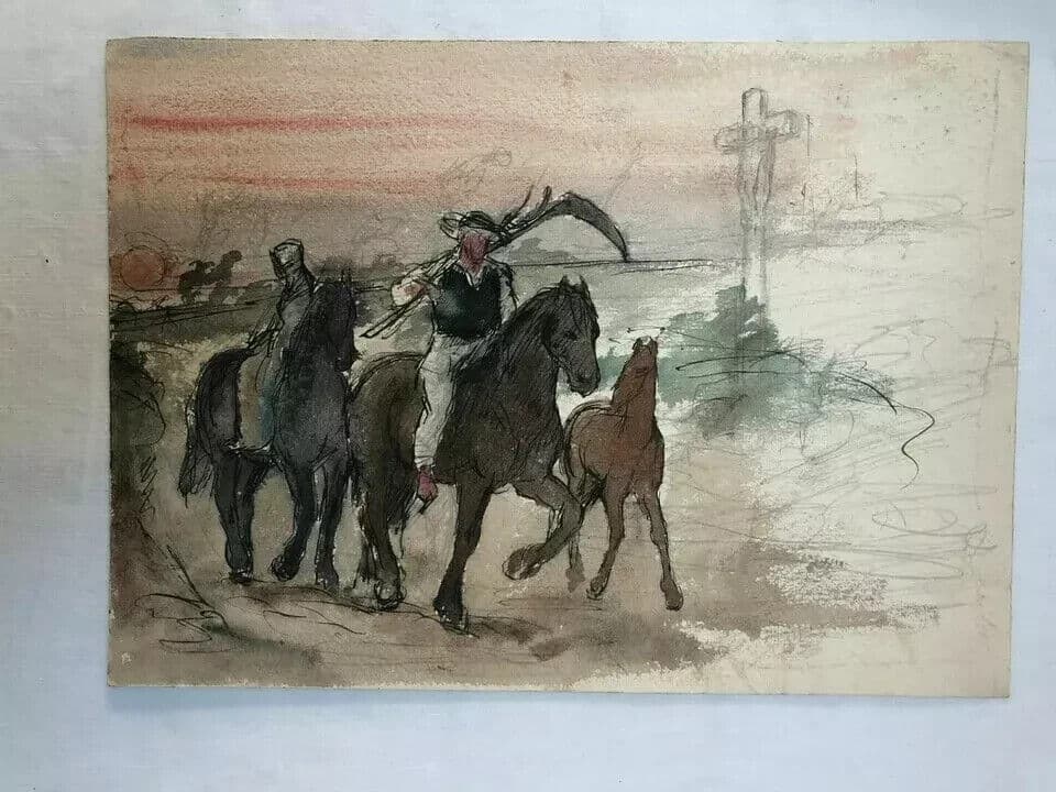 Vintage Drawing Original Man on a Horse, Farmer image 6