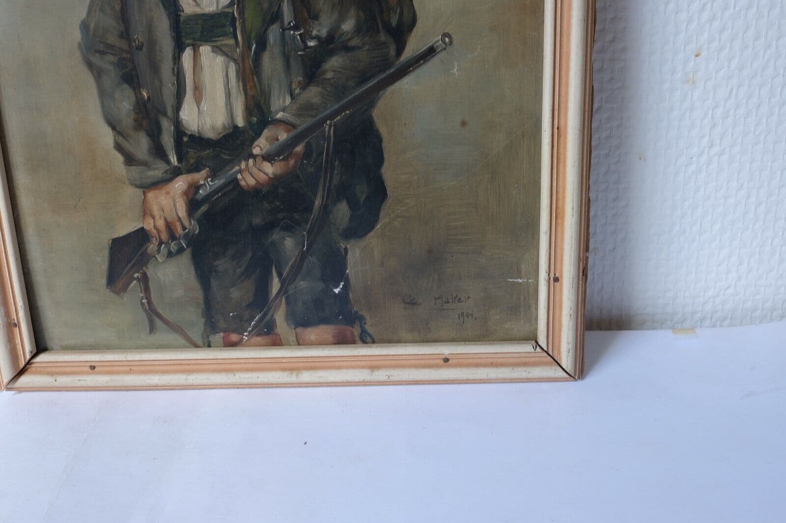 Painting Hunter Man with Riffle Portrait signed 1904 image 3