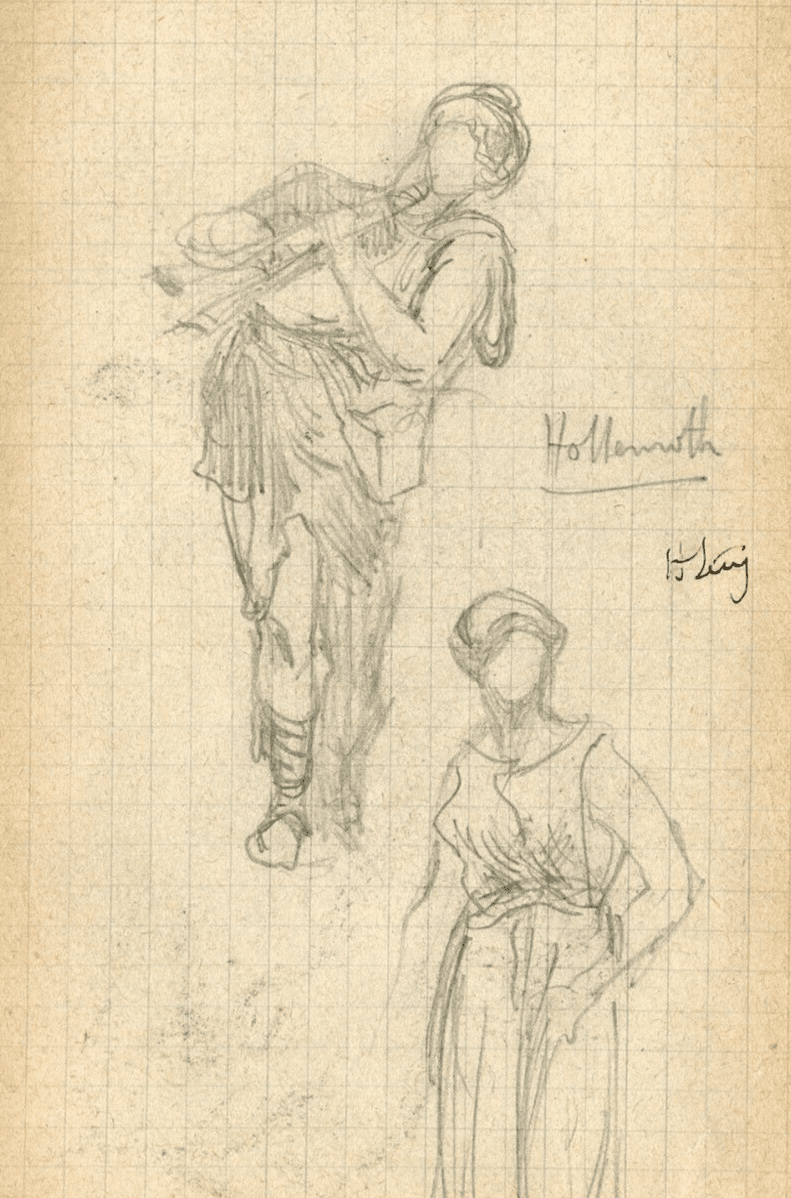 Antique Pencil Original Drawing, Figures, Music, Trumpet, Sketch, Signed